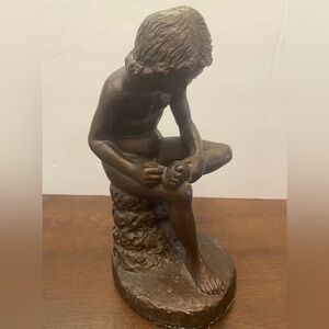 Bronze look chalkware Seated Boy Statue 1967